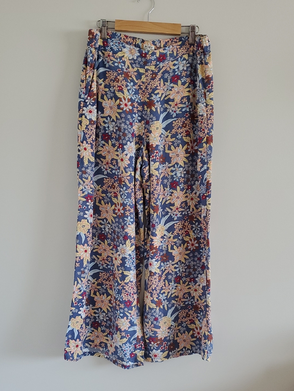 Roxy Blue Floral Printed Wide-Leg Mid Waist Relaxed Fit Summer Beach Pants Sz M